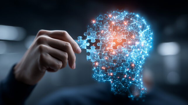A digital human head made of puzzle pieces, symbolizing mental health support, cognitive therapy and problem solving.
