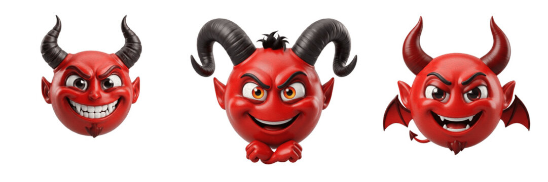 Angry Red Devil Emoji Character with Black Horns 3D Illustration Isolated on White Background, Fiery Mascot for Gaming Graphics, Halloween Branding, and Emotional Expression Designs.