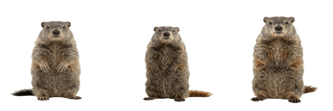 Realistic Groundhog or Woodchuck Character Standing Isolated on White Background, Wildlife Animal Photography for Nature Education, Groundhog Day Events, and Forest Fauna Graphics.