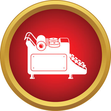 White outline of a retro adding machine on a red circle background with gold border