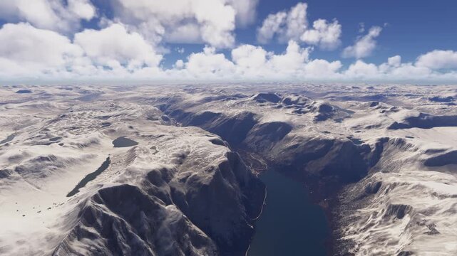 Side aerial drone view of the snow in Eikesdal. Norway