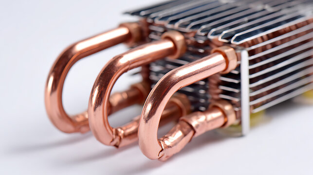 Close-up detail of copper heat pipes attached to metallic cooling fins, essential components for thermal management in modern electronics and computing