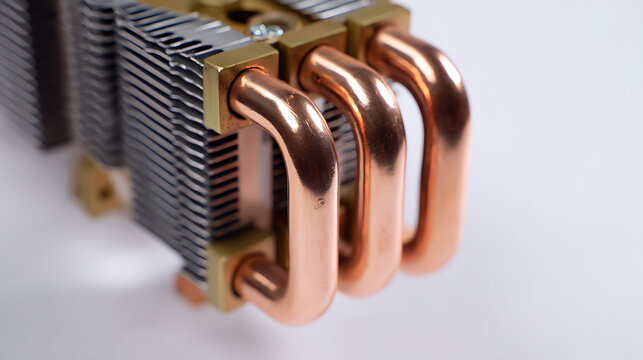Close-up of a central processing unit heatsink with copper heat pipes and aluminum fins on a white background, demonstrating advanced cooling technology against a clean backdrop