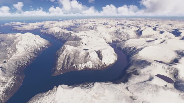 Side aerial shot of the snow in Geirangerfjord in Stranda. Norway