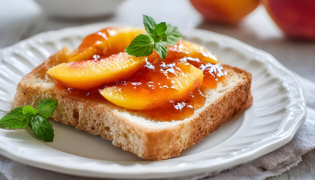 Toasted bread slice with fresh peach slices and sweet jam on a plate. Perfect for a light morning meal or snack. Enjoy this simple yet delicious fruity treat