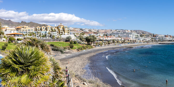 Tenerife island Costa Adeje with Playa de Fanabe beach sea holiday panorama in Spain