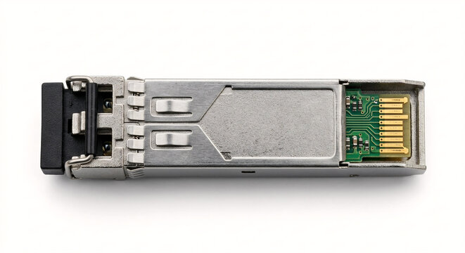 Macro of a generic SFP fiber optic transceiver module with silver metal housing and gold-plated PCB contact pins, isolated on white background.