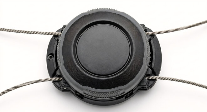 Macro view of a black circular dial lacing closure system with steel wire laces for technical trail running shoes, isolated on white.