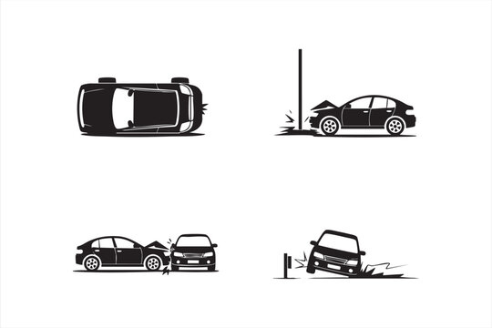 Graphic icons showing different car accidents, including overturned car, pole collision, and rear end crash.