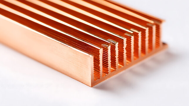 Close-up macro of an unbranded copper heat sink on a white surface, showcasing metallic texture, parallel fins, and engineering detail for electronics