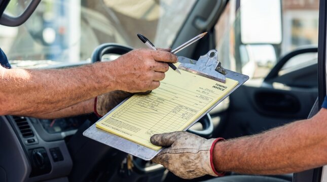 Tow truck driver handing a yellow invoice on a clipboard to a customer for signature