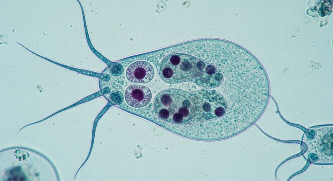 Detailed microscopic view of a giardia lamblia parasite, showcasing its unique features, including flagella and nuclei
