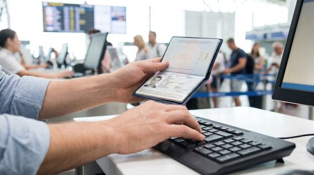 Airport check in agent holding an open passport while typing passenger details on a computer keyboard