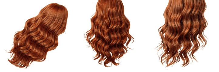 Fototapeta premium Long Wavy Brown Hair Tresses Isolated on White Background, Realistic 3D Illustration for Hair Care Product Marketing, Beauty Salon Branding, Wig Advertising, and Glamour Fashion Graphics.