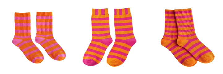  Orange and Purple Striped Socks Isolated on White Background, 3D Illustration for Apparel Retail, Fashion Accessories Marketing, Fun Clothing Trends, and Textile Product Graphics.