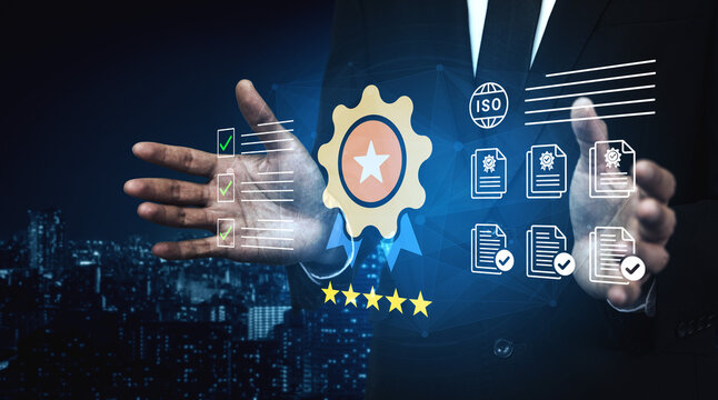 A business professional highlights a certificate symbolizing quality and excellence amidst a modern city skyline, emphasizing trust and compliance in a corporate landscape. Cyphers