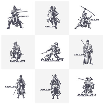 Set of Ninja logo design vector. Ninja Silhouette Template Illustration.