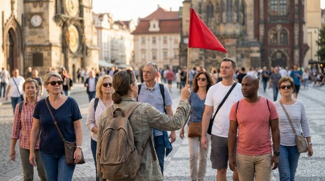 Tour guide leading group of tourists with a red flag in city square  