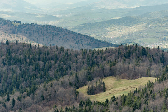 Panorama z wieży widokowej na szczycie Gorca; Gorczański Park Narodowy; wiosna
