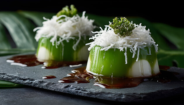Two green and white pandan jellies topped with shredded coconut sit on dark slate. Coconut syrup drizzles over glistening dessert arrangement. Leaves in background.