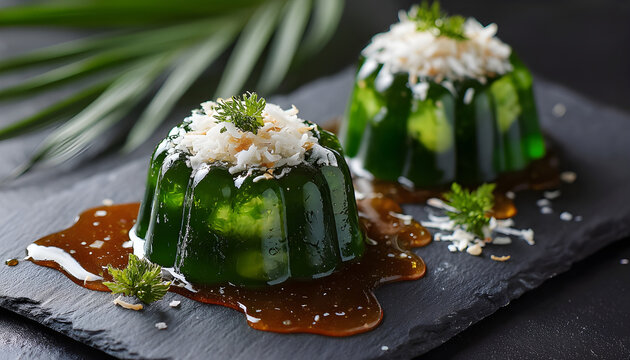 Two green and white pandan jellies topped with shredded coconut sit on dark slate. Coconut syrup drizzles over glistening dessert arrangement. Leaves in background.