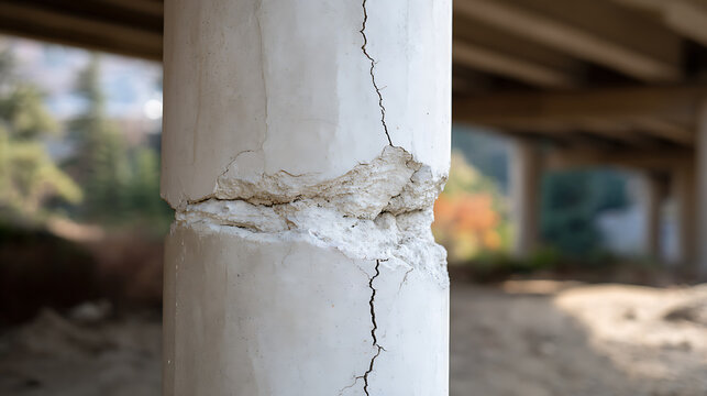 Damaged Concrete Support Column with Cracks and Spalling, Indicating Structural Compromise and Need for Repair or Demolition Work