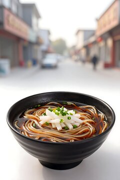 Traditional bowl of Shanxi Daoxiao Mian on a blurred street background