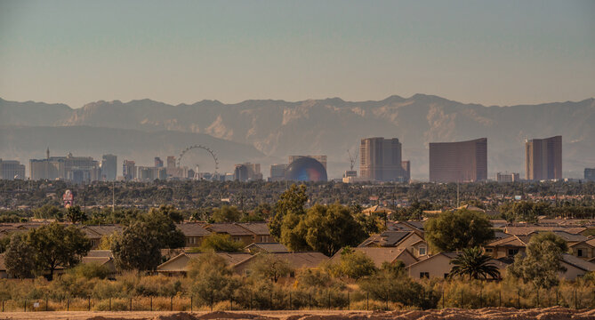  Las Vegas Nevada Skyline with Stratosphere Tower and Desert Mountain Backdrop from Daylight to Sunset and Night