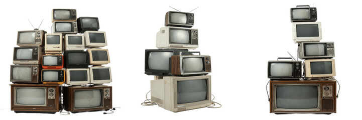 Stack of Vintage CRT Televisions and Monitors Isolated on White Background, 3D Retro Illustration for Media History Branding, Nostalgic Tech Displays, and Electronics Recycling Graphics. © Suarezo