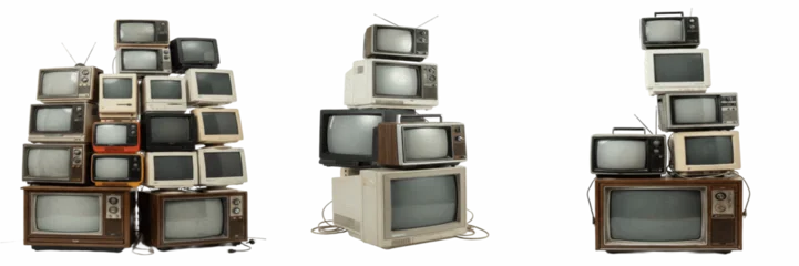 Fotobehang Vintage Stack of Vintage CRT Televisions and Monitors Isolated on White Background, 3D Retro Illustration for Media History Branding, Nostalgic Tech Displays, and Electronics Recycling Graphics.  © Suarezo