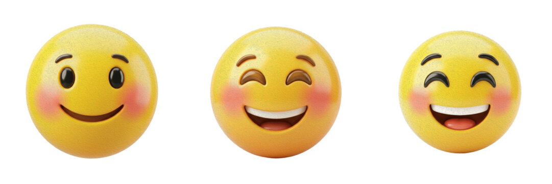 Wide Smiling Yellow Emoji Face with Teeth and Rosy Cheeks 3D Illustration Isolated on White Background, Joyful Character for High-Energy Positivity and Celebration Communication.