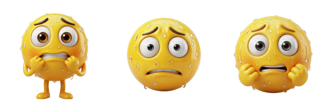 Yellow Scared Face Emoji with Wide Eyes and Sweat Drops 3D Illustration Isolated on White Background, Fearful Emotional Character for Social Media and Mental Health Awareness Communication.