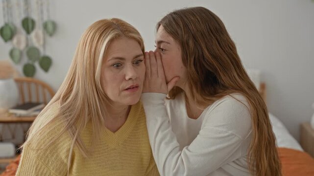 Blonde mother listens as her daughter whispers into her ear with hand covering mouth while seated on a bed in a bedroom; surprise intimacy trust.