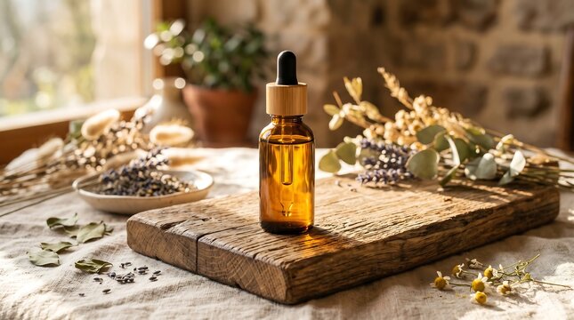 A glass dropper bottle filled with amber liquid, placed on a rustic wooden board surrounded by dried flowers and herbs