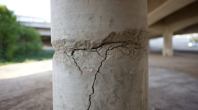Close-up of a damaged concrete column exhibiting severe cracks and spalling, highlighting structural deterioration under an overpass in urban area