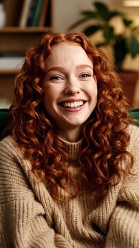 Young woman changes mood from sadness to joy while sitting on a sofa in a cozy room during daytime