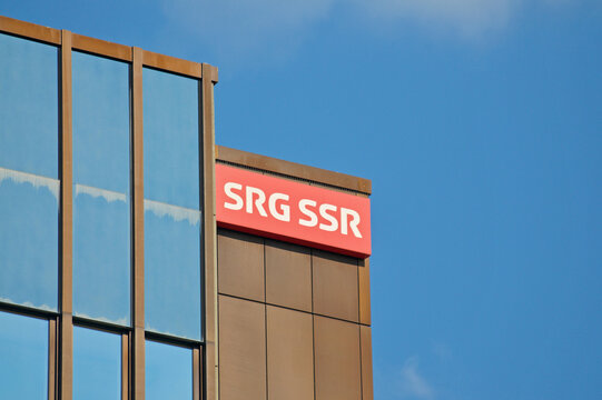 SRF SSR (Schweizer Radio und Fernsehen) television media sign at headquarters in Zurich