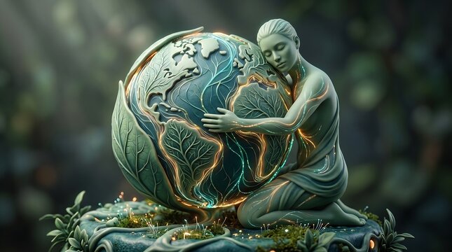 Ecological protection and love for nature 3d illustration with glowing light veins.