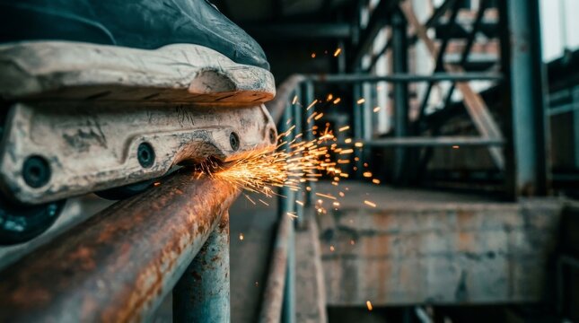 Extreme close-up of inline skate frame grinding on a metal rail with sparks