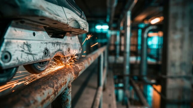 Extreme close-up of inline skate frame grinding on a metal rail with sparks