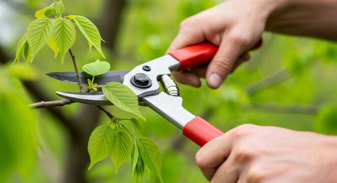 Man pruning green leaves with gardening shears in spring garden  