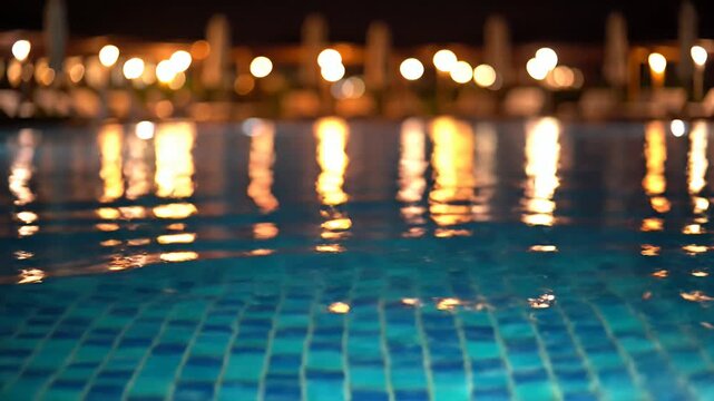 Nighttime pool reflection with blurred lights and water surface