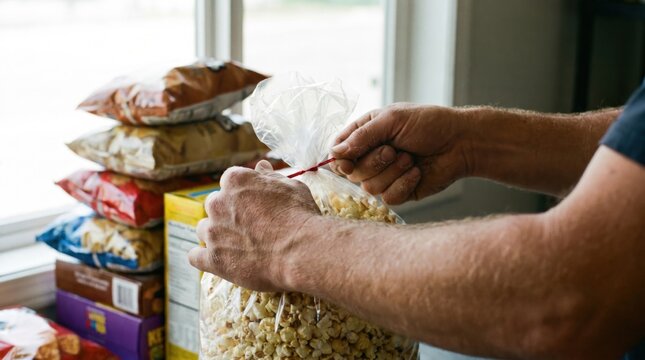 Vendor tying a red twist tie to seal a clear plastic bag full of fresh popcorn at a concession stand