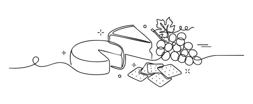 Continuous line drawing of a cheese platter with grapes and crackers as a minimalist vector illustration for a gourmet food and appetizer concept on a transparent background
