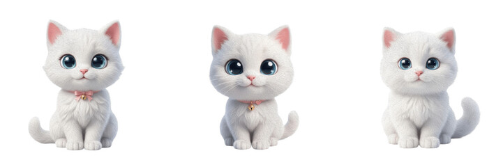 Fototapeta premium Cute White Kitten Sitting Isolated on White Background - Adorable Fluffy Baby Cat with Big Blue Eyes for Pet Care, Veterinary Services, Animal Lovers, Domestic Feline Photography, and Decor