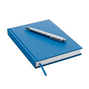 A blue notebook with a silver pen on top