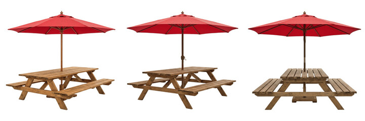 Wooden Picnic Table with Red Umbrella Isolated on White Background - Summer Outdoor Furniture for Parks, Gardens, Cafes, Vacations, and Leisure Lifestyle Photography Graphic Design Assets © Petesh