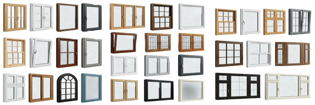Set of Modern and Classic Window Frames Isolated on White Background - Architectural Design Elements for Interior Mockups, Building Construction, Home Renovation, and Real Estate Graphics Assets
