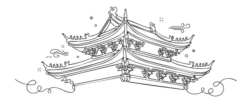 Chinese temple roof minimalist continuous line art illustration for traditional Asian architecture and travel heritage concept, isolated vector design on transparent background