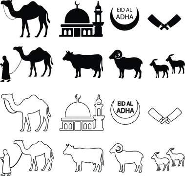 Eid al Adha black silhouette and outline icon set collection group with camel cow goat ram mosque crescent knife symbols, Islamic sacrifice festival vector pack in flat and line style